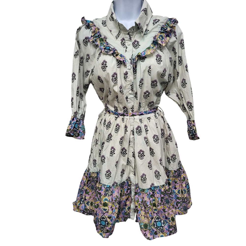 Floral Block Print Shirt Dress Ruffle Tiered Boho Costume White Purple Roleplay